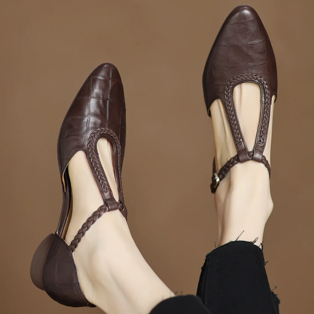 Greta – Classic Leather T-Strap Shoes with Braided Detail