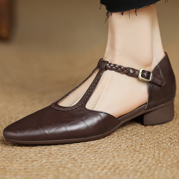 Greta – Classic Leather T-Strap Shoes with Braided Detail
