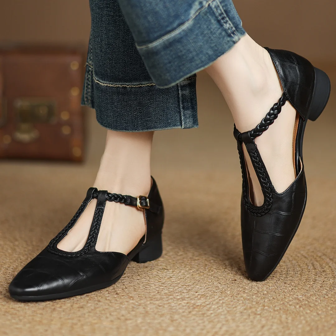 Greta – Classic Leather T-Strap Shoes with Braided Detail