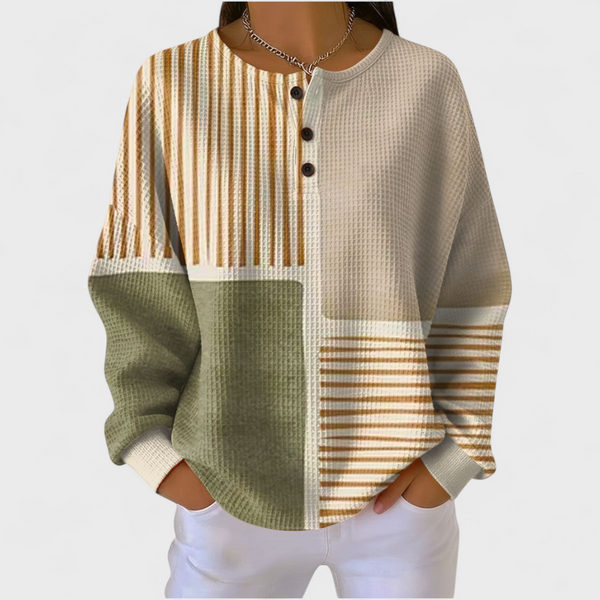 Luna - Beige Jumper with Stripe and Patchwork Pattern