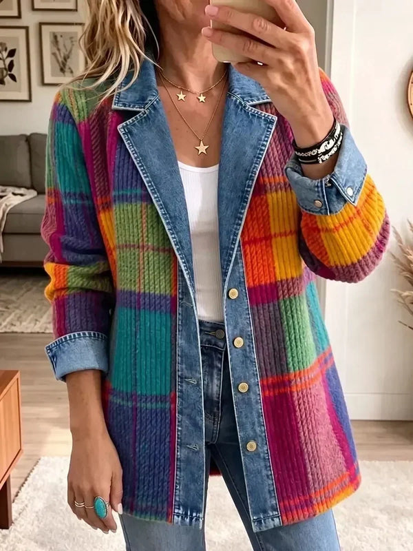 Chloe | Vintage Plaid Patchwork Denim Blazer