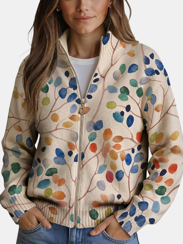 Consuelo | Knitted Cardigan with Multicolour Leaf Pattern