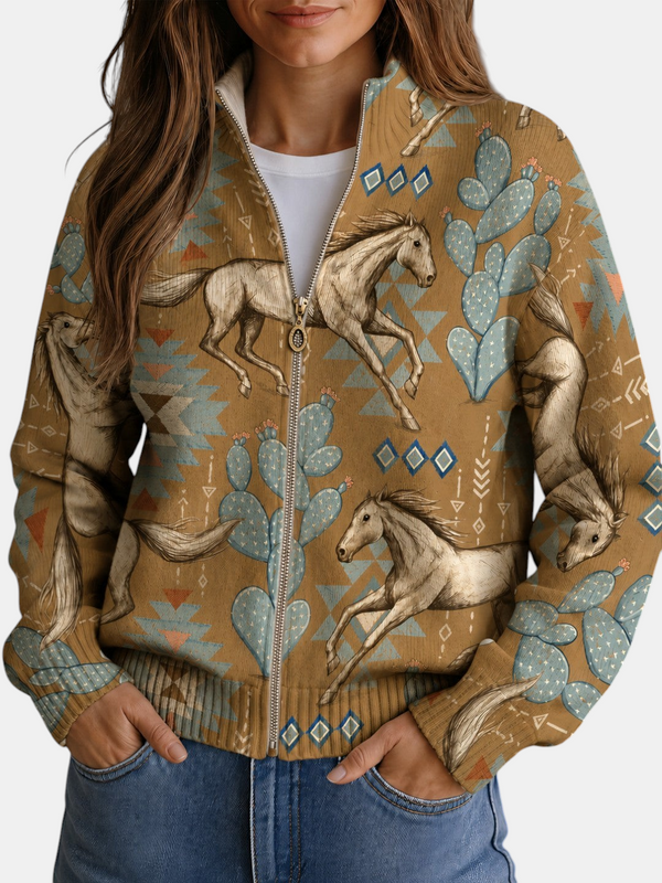 Aurora | Knitted Cardigan with Horse and Cactus Motif