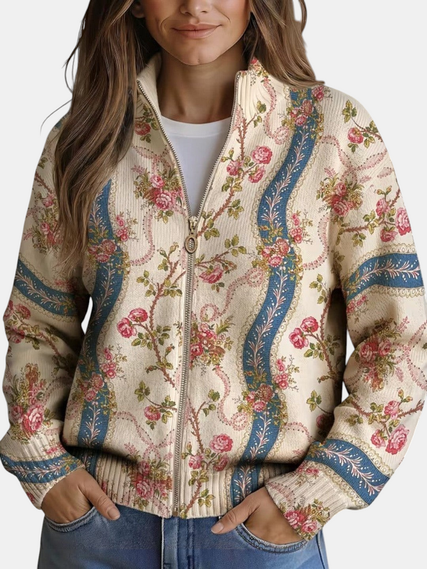Alicia | Knitted Cardigan with Rose Vine Motif